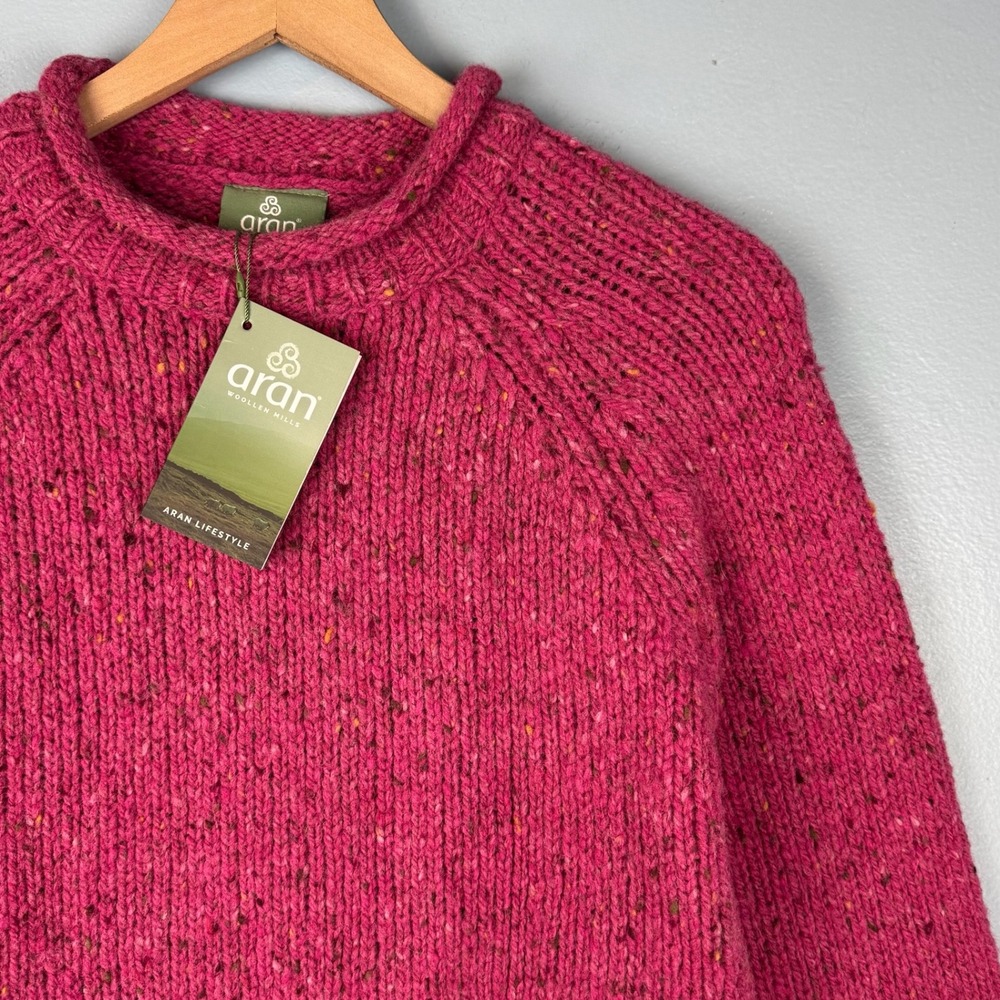 NEW Aran Woollen Mills Womens Small Pink Roll Crew Neck Raglan Wool Knit Sweater